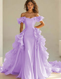 Yellow Off The Shoulder Mermaid Ruffles Satin Long Formal Dress
