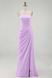Light Pink Strapless Sheath Ruched Long Formal Dress with Slit