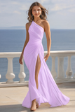 Ivory One Shoulder Pleated Maxi Boho Formal Dress with Slit