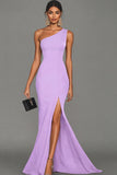Black Satin Mermaid One Shoulder Long Formal Dress with Slit