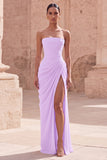 Light Pink Strapless Sheath Ruched Long Formal Dress with Slit