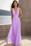 Ivory Pleated Chiffon Deep V-Neck Maxi Boho Formal Dress