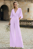 Simple Ivory V-Neck Flutter Sleeves Wedding Jumpsuit with Pocket