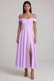 A-Line Off the Shoulder Yellow Corset Maxi Wedding Guest Dress with Slit