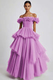 Black Tulle Off The Shoulder Ball Gown Long Formal Dress with Ruffles