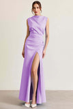 Burgundy Satin Boat Neck Long Sheath Formal Dress with Slit