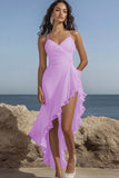 White Chiffon Spaghetti Straps Ruffled Asymmetrical A Line Graduation Dress