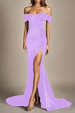 Red Mermaid Off the Shoulder Satin Formal Dress with Slit