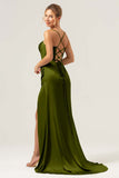 Dark Green Mermaid Spaghetti Straps Corset Satin Bridesmaid Dress with Slit