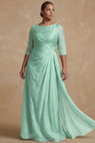 Dusty Sage Ruched A Line Half Sleeves Plus Size Mother Of The Bride Dress