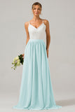 Open Back Peacock A-line Chiffon Long Boho Bridesmaid Dress with Lace