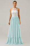 Peacock Halter Boho Chiffon Keyhole Long Bridesmaid Dress with Lace