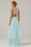 Peacock Halter Boho Chiffon Keyhole Long Bridesmaid Dress with Lace