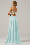 Open Back Peacock A-line Chiffon Long Boho Bridesmaid Dress with Lace