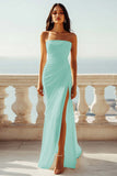 Chiffon Ivory Ruched Strapless Long Boho Formal Dress with Slit