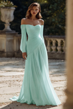 Ivory Pleated A Line Off The Shoulder Sweep Train Wedding Dress