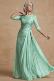 Dusty Sage Ruched A Line Boat Neck Long Mother of the Bride Dress