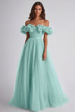 Dusty Sage Tulle Off The Shoulder Ruffled Ball Gown Long Formal Dress
