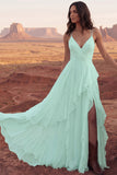 Ivory Spaghetti Straps A Line Ruffled Boho Wedding Dress with Slit
