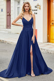 Royal Blue A Line Spaghetti Straps Long Backless Formal Dress with Appliques