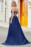 Royal Blue A Line Spaghetti Straps Long Backless Formal Dress with Appliques