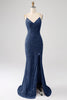 Load image into Gallery viewer, Sparkly Royal Blue Mermaid Spaghetti Straps Sequin Long Formal Dress With Slit