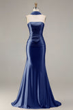 Strapless Mermaid Sparkly Champagne Satin Beaded Convertible Long Formal Dress