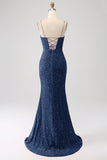 Sparkly Royal Blue Mermaid Spaghetti Straps Sequin Long Formal Dress With Slit