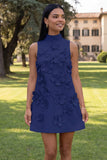 Hot Pink High Neck A-Line Short Formal Dress with 3D Flowers