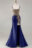 Sparkly Dark Green Satin Mermaid Beaded Sequin Long Formal Dress with Slit
