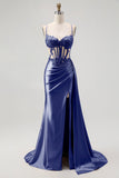 Sparkly Champagne Mermaid Corset Beaded Side Streamer Long Formal Dress with Slit