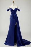 Mermaid Off the Shoulder Beaded Ruched Satin Golden Long Formal Dress with Slit