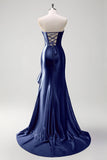 Sparkly Grey Blue Mermaid Strapless Ruffle Corset Satin Long Formal Dress with Slit