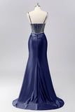 Sparkly Grey Blue Spaghetti Straps Mermaid Satin Prom Dress with Rhinestones