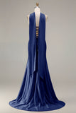 Strapless Mermaid Sparkly Champagne Satin Beaded Convertible Long Formal Dress