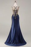 Sparkly Dark Green Satin Mermaid Beaded Sequin Long Formal Dress with Slit