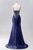 Sparkly Grey Blue Corset Mermaid Satin Long Formal Dress with Sequins