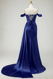 Mermaid Off the Shoulder Beaded Ruched Satin Golden Long Formal Dress with Slit