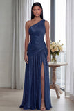Glitter Pleated A Line Golden Long One Shoulder Formal Dress with Slit