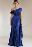 Grey Blue Mermaid One Shoulder Ruched Satin Long Mother of the Bride Dress with Ruffles