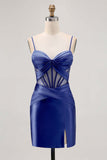 Royal Blue Satin Bodycon Ruched Short Corset Cocktail Dress with Slit