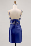 Royal Blue Satin Bodycon Ruched Short Corset Cocktail Dress with Slit