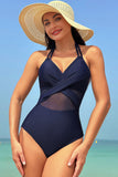 Navy Halter Mesh Cut out Backless One-Piece Swimsuit