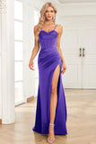 Fuchsia Mermaid Spaghetti Straps Satin Formal Dress with Slit Front