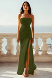 Chiffon Ivory Ruched Strapless Long Boho Formal Dress with Slit