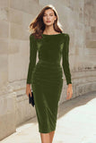 Plus Size Dark Green Sheath Velvet Ruched Midi Work Dress with Long Sleeve