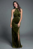 Halter Burgundy Velvet Sheath Ruched Formal Dress with Slit
