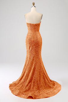 Orange Mermaid Sweetheart Sweep Train Formal Dress With Sequins