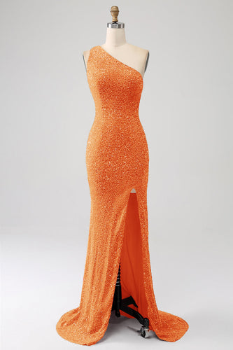 Sparkly Orange Mermaid One Shoulder Sequins Formal Dress with Slit