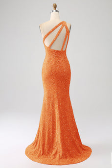 Sparkly Orange Mermaid One Shoulder Sequins Formal Dress with Slit
